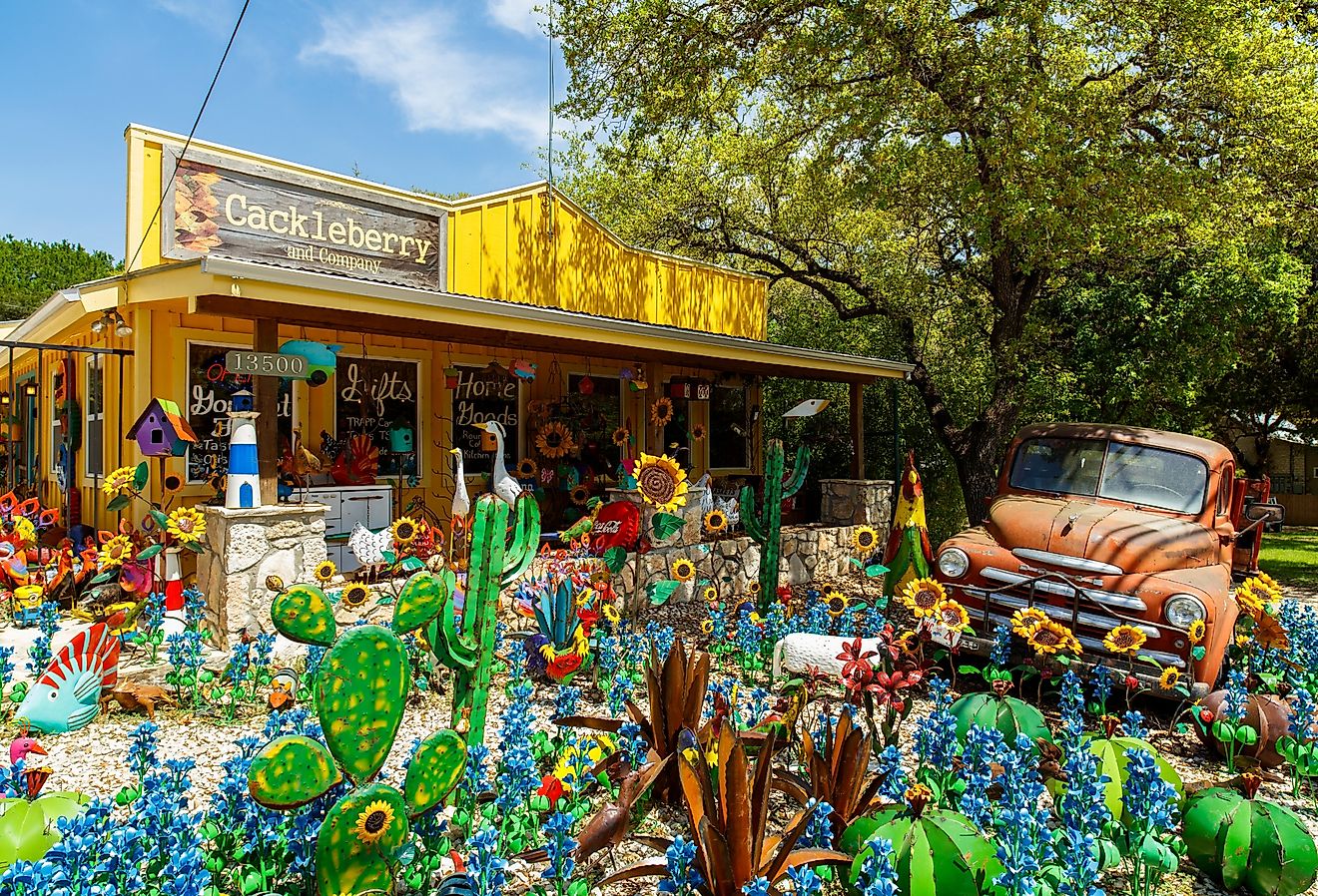 Colorful shop with artwork on display in Wimberley, Texas. Image credit Fotoluminate LLC via Shutterstock