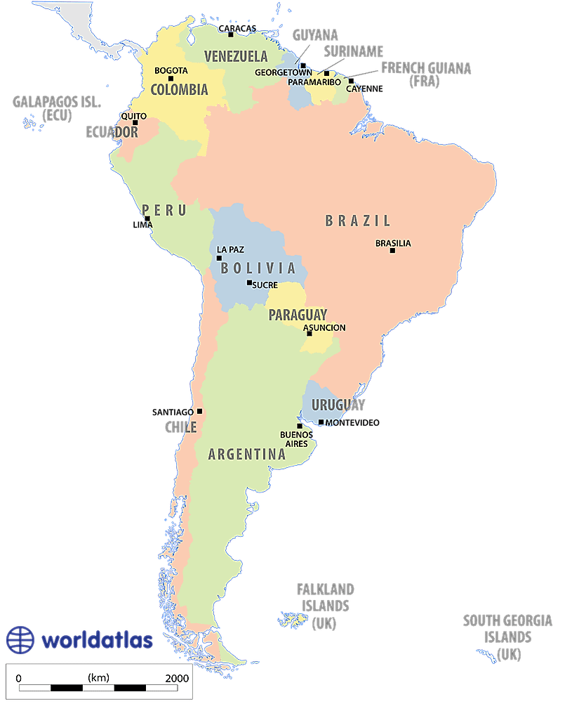 South America map with capitals